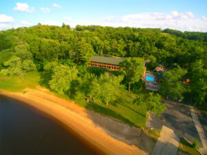 Wisconsin River on the lower Dells with the beach at Cedar Lodge and Settlement