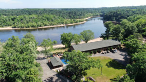 Wisconsin River on the lower Dells with the beach at Cedar Lodge and Settlement