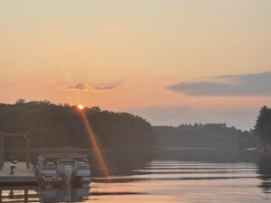 Boat docked at Cedar Lodge and Settlement on the lower Dells