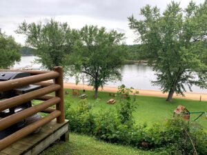 Balcony view of courtyard at Cedar Lodge and Settlement in Wis Dells