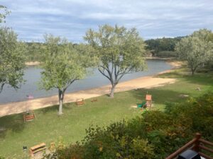 Balcony view of courtyard at Cedar Lodge and Settlement in Wis Dells