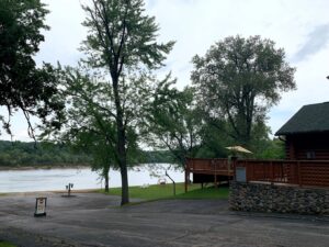 Balcony view of courtyard at Cedar Lodge and Settlement in Wis Dells