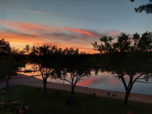 Night time on the courtyard at Cedar Lodge and Settlement in Wis Dells