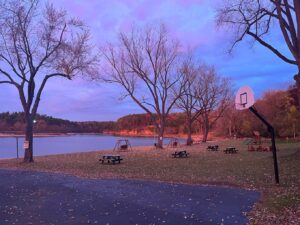 Basketball hoop, Courtyard and WI River at Cedar Lodge and Settlement in Wisconsin Dells