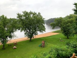 Balcony view of courtyard at Cedar Lodge and Settlement in Wis Dells