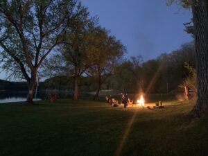 Bonfire on on the lower dells courtyard at Cedar lodge, Sandy beach on WI River