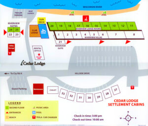 Resort Map, Waterfront resort, River view lodging on the lower dells WI. River at Cedar Lodge and Settlement